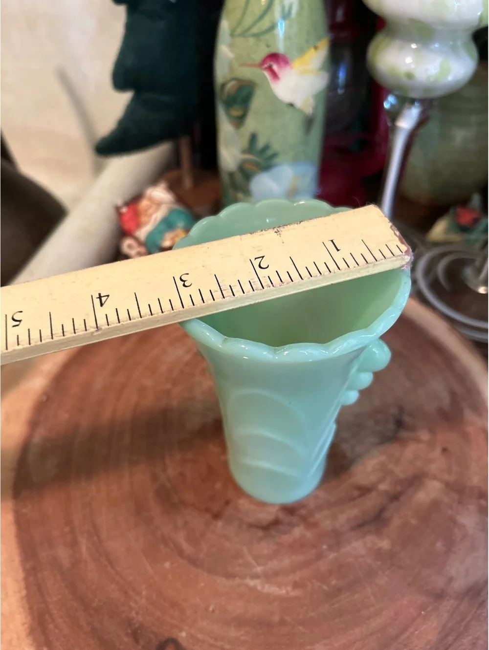 Vintage jadeite Glass Table Vase with Scalloped Rim and Bubble Detailing